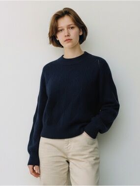 Elodie Bruno Pointelle Pullover Sweater. Diamond Pattern. Dark Blue. Small #642